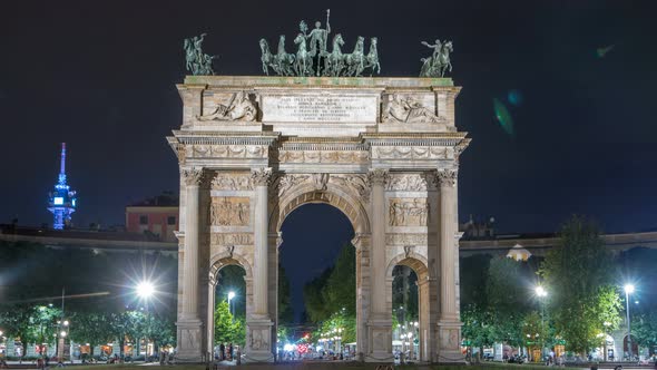 Arch of Peace in Simplon Square Timelapse at Night