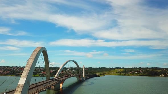 Panoramic drone view of the Juscelino Kubitschek Bridge in Brasilia on a sunny day