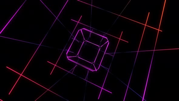 Neon 3D Cube Glowing with Pink Light and Spinning in a Dark Futuristic Room with Mesh Walls