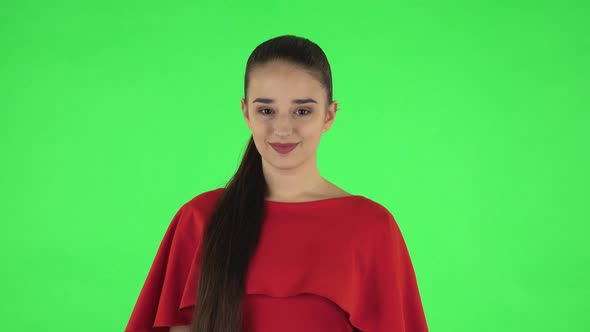 Portrait of Pretty Young Woman Is Looking Straight. Green Screen