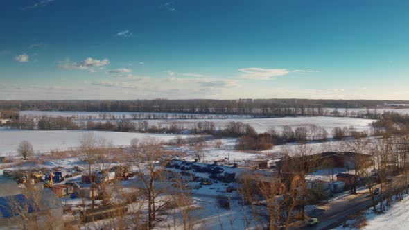 Flight Over Winter Fields and Forests in the Suburbs of St. Petersburg 