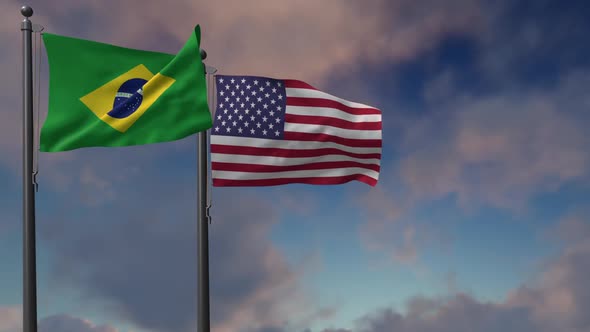Brazil Flag Waving Along With The National Flag Of The USA - 2K
