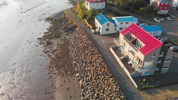 Panoramic View of Town Borgarnes in SouthWestern Iceland From a Drone Viewpoint