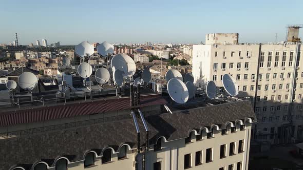 Kyiv, Ukraine: TV Antennas on the Roof of the Building. Aerial.