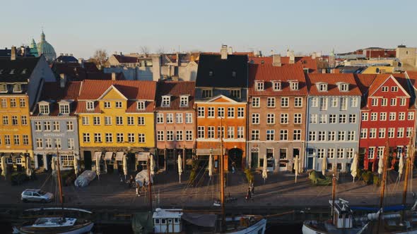 Aerial Shot of Townhouses in Nyhavn in Denmark