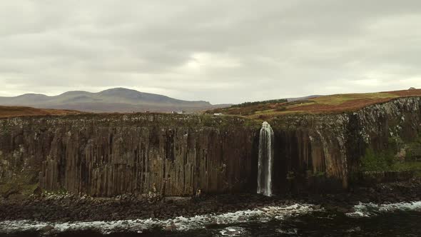 Aerial of a Waterfall on the Cliffs of Skye Near Neist Point Scotland