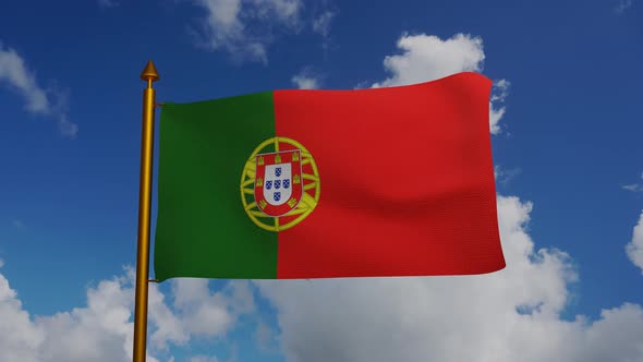 National flag of Portugal waving with flagpole and blue sky timelapse