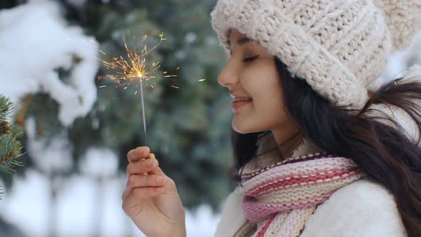 Winter Young Woman Portrait with Burning Firelight