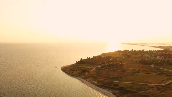 Aerial Top View Above Sunset Sand Beach Sea