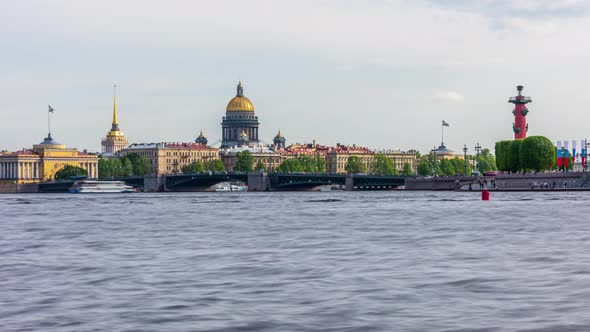 St. Petersburg, city view, St. Isaac's Cathedral, time laps with boats and walking people, movement