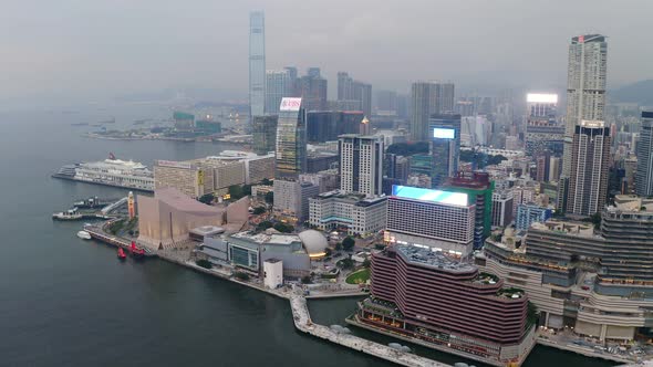 Drone fly over Hong Kong victoria harbor at night