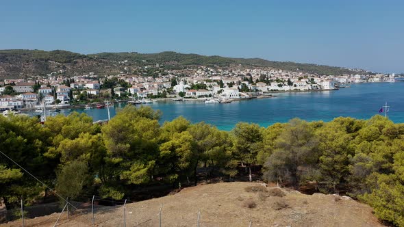 Aerial View of Lighthouse at Spetses Old Town Greece  Drone Videography