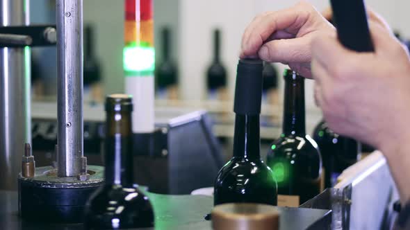 Workers Fitting Caps Onto Bottles of Wine at a Factory