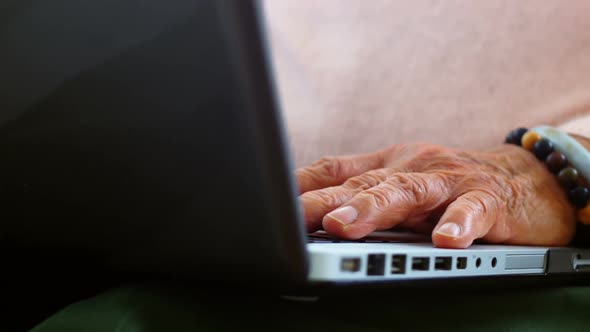 Senior woman using laptop in living room