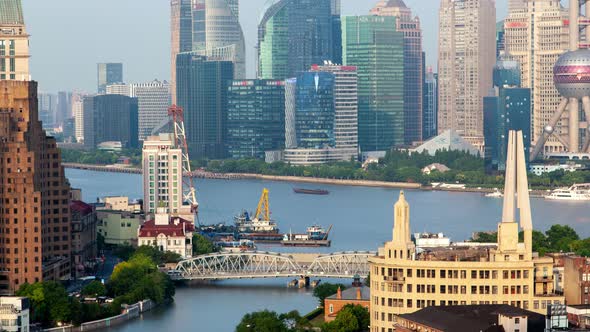 Shanghai Wusong River or Suzhou Creek Urban Cityscape Aerial Skyline Panorama Timelapse Zoom Out