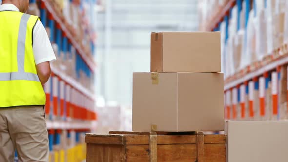 Warehouse worker using digital tablet while checking packages