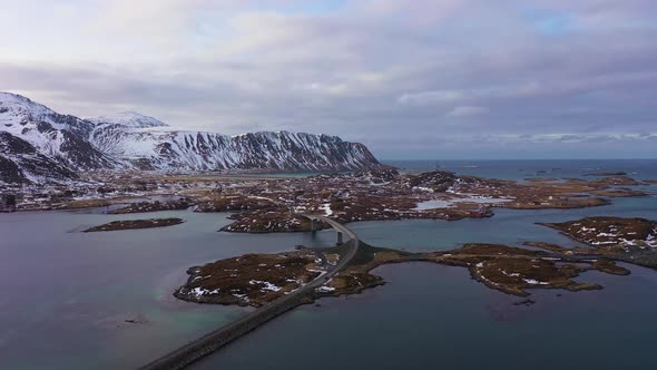 Fredvang Bridge and Village. Lofoten Islands, Landscape of Norway. Aerial View