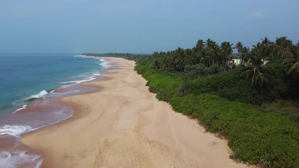 Deserted beach and ocean coast with waves. Wild sandy beach.