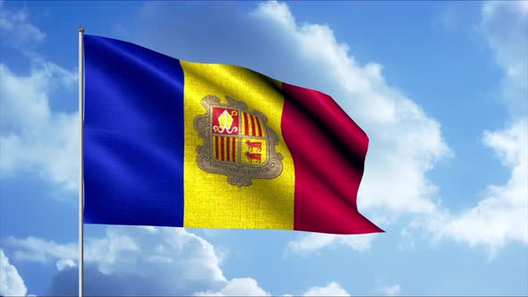 Abstract Background with the Flag of Andorra Swaying in the Wind on Blue Sky and Clouds Background