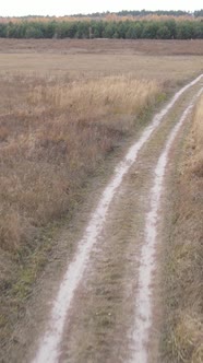 Vertical Video a Dirt Road Through an Empty Field