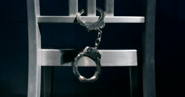 Medium dolly shot of a pair of handcuffs dangling from the back of a chair.