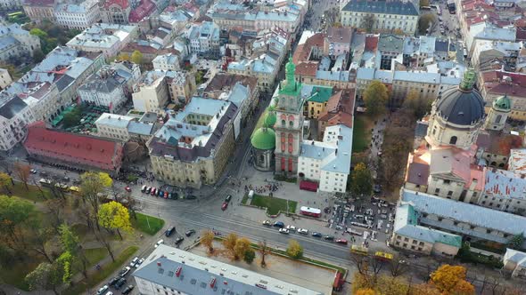 Aerial Video of Uspinska Church in Central Part of Old City of Lviv, Ukraine