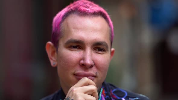 Man with Pink Hair, Closeup Portrait Outdoors, Cute Person