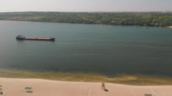  Barge Without Cargo on the River Aerial View. Cargo Ship on the River.