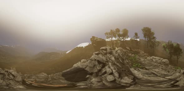 Vr 360 Aerial Camera Moving Above Rocks in Mountains. Ready for VR