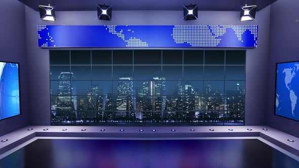 3D Virtual News Studio With Night City Background And Floodlights Loop 5