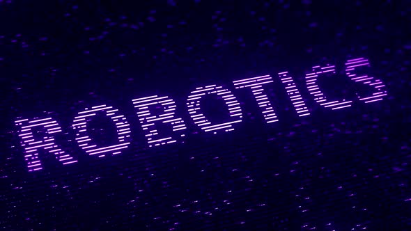 Purple ROBOTICS Word Made with Flying Particles