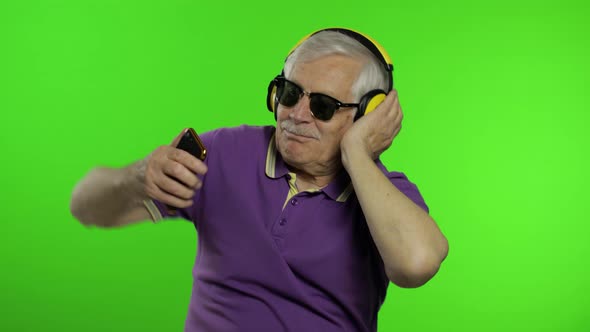 Elderly Senior Caucasian Grandfather Man Tourist Dance, Listen Music. Chroma Key