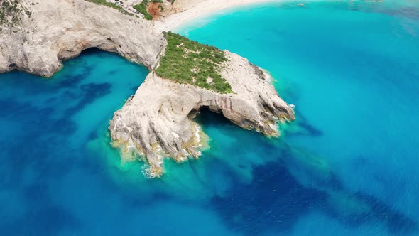 Drone view at picturesque coastline of Lefkada Ionian island turquoise sea water