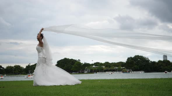 Slow motion Of Wedding Bride Happy Fun walking and running in the park