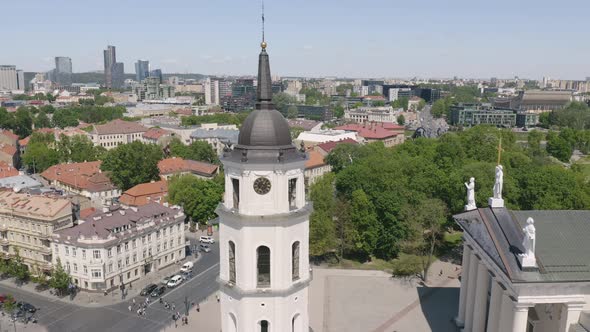 Vilnius Main White Clock Tower and Panorama. Christian Cathedral Square