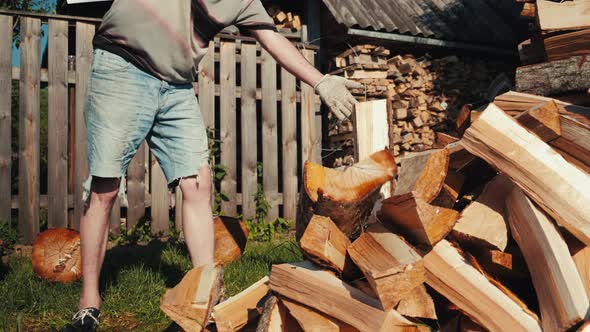 Strong Male Worker Chopping Wood Swinging and Hitting Wooden Log with Axe