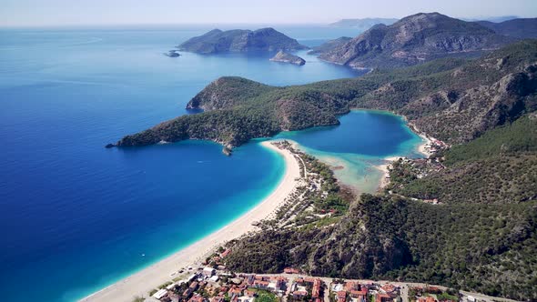 Amazing beautiful panoramic view from drone of Oludeniz Blue lagoon beach in Fethiye in Mugla