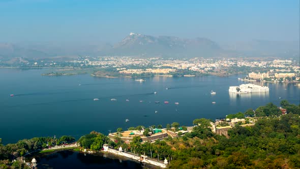 Aerial View of Lake Pichola with Lake Palace (Jag Niwas) and Jag Mandir (Lake Garden Palace