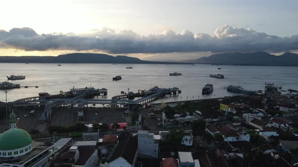 Aerial view of Ferry boat crossing the Ketapang port. From Banyuwangi to Gilimanuk Bali Indonesia.