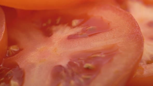 Tomato Slices Closeup, Macro Food Summer Background, Fruits Top View. Rotate