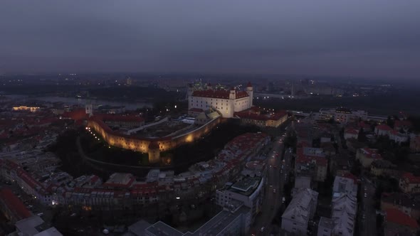 Aerial view of Bratislava Castle seen at night