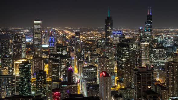 Downtown Chicago Skyscrapers at Night Aerial 