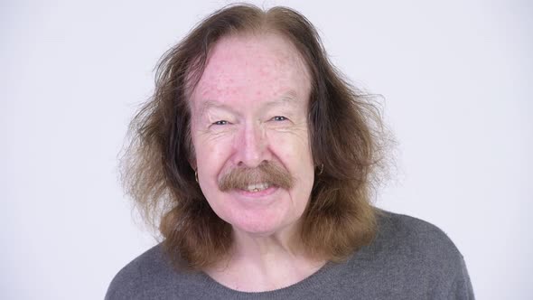 Happy Senior Man with Mustache Against White Background