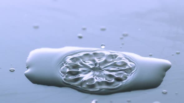 Drop of Water falling into Water against Blue background, Slow motion