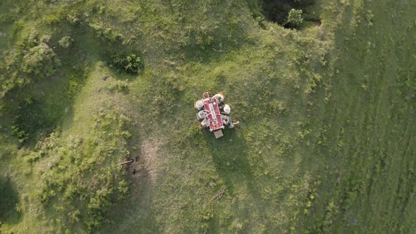 Aerial view of people eating outside.