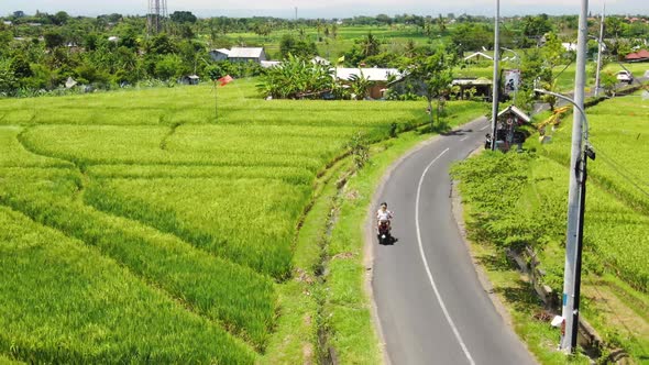 Aerial view of couple riding a motorcycle in a winding road in Canggu Bali Indonesia during a bright