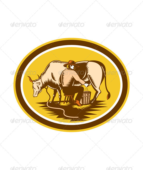 Farmer Milking Cow Oval Woodcut
