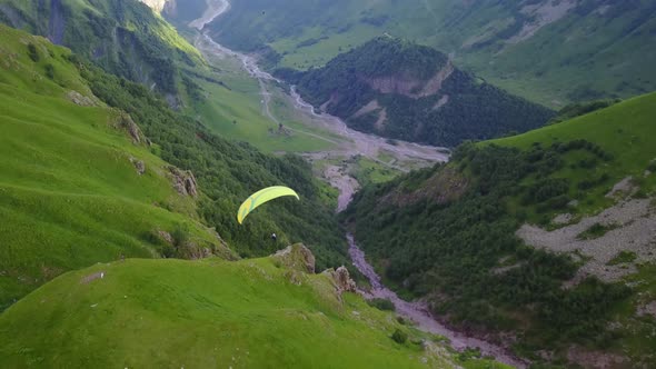 Aerial view. paragliding in mountains of Kazbegi. Georgia