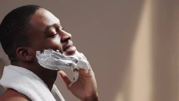 Man Facial Care Shaving African Guy Applying Foam