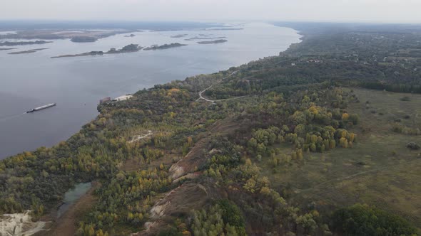 Beautiful Aerial View of the River Dnipro. Ukraine, Slow Motion